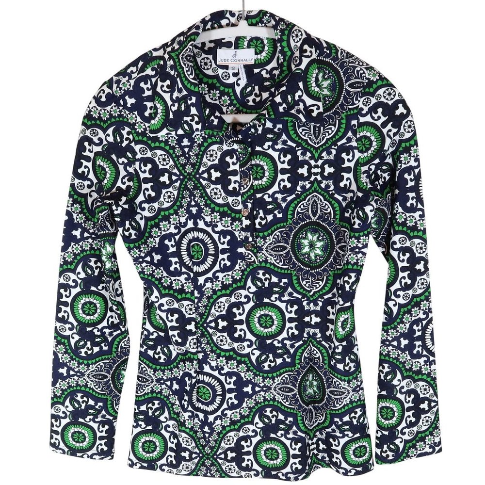 JUDE CONNALLY Maddie Medallion Print Long Sleeve Polo Top Size S Navy Green NWT